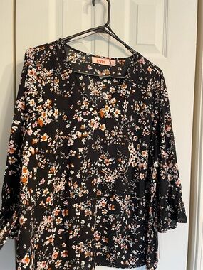 EVRI Black Floral Blouse with Pink & Orange Accents